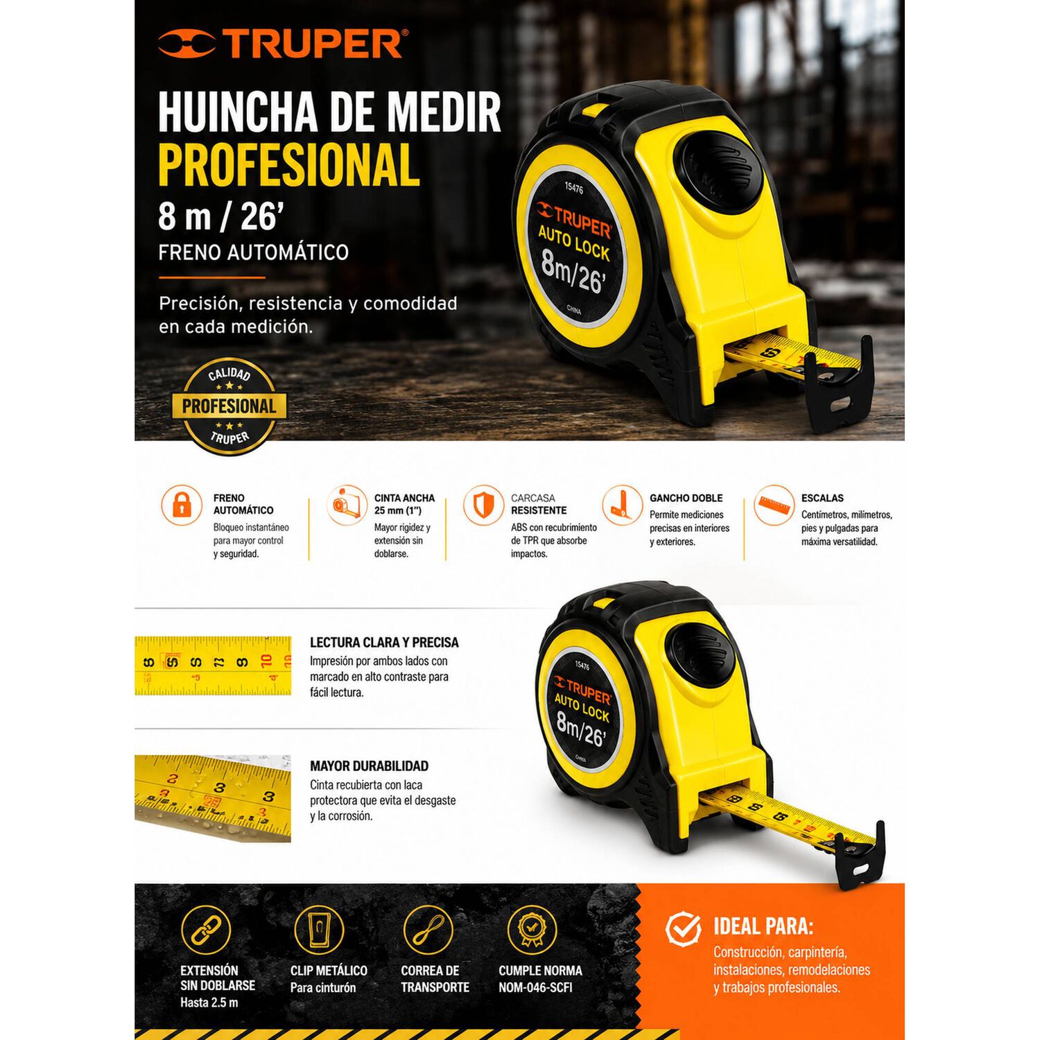 Huincha Cinta De Medir Profesional Truper 8m Freno Automatic image number 3.0