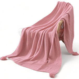 Manta Nordica Con Borlas Tejida Decorativa 130cm X 190cm Color Rosado