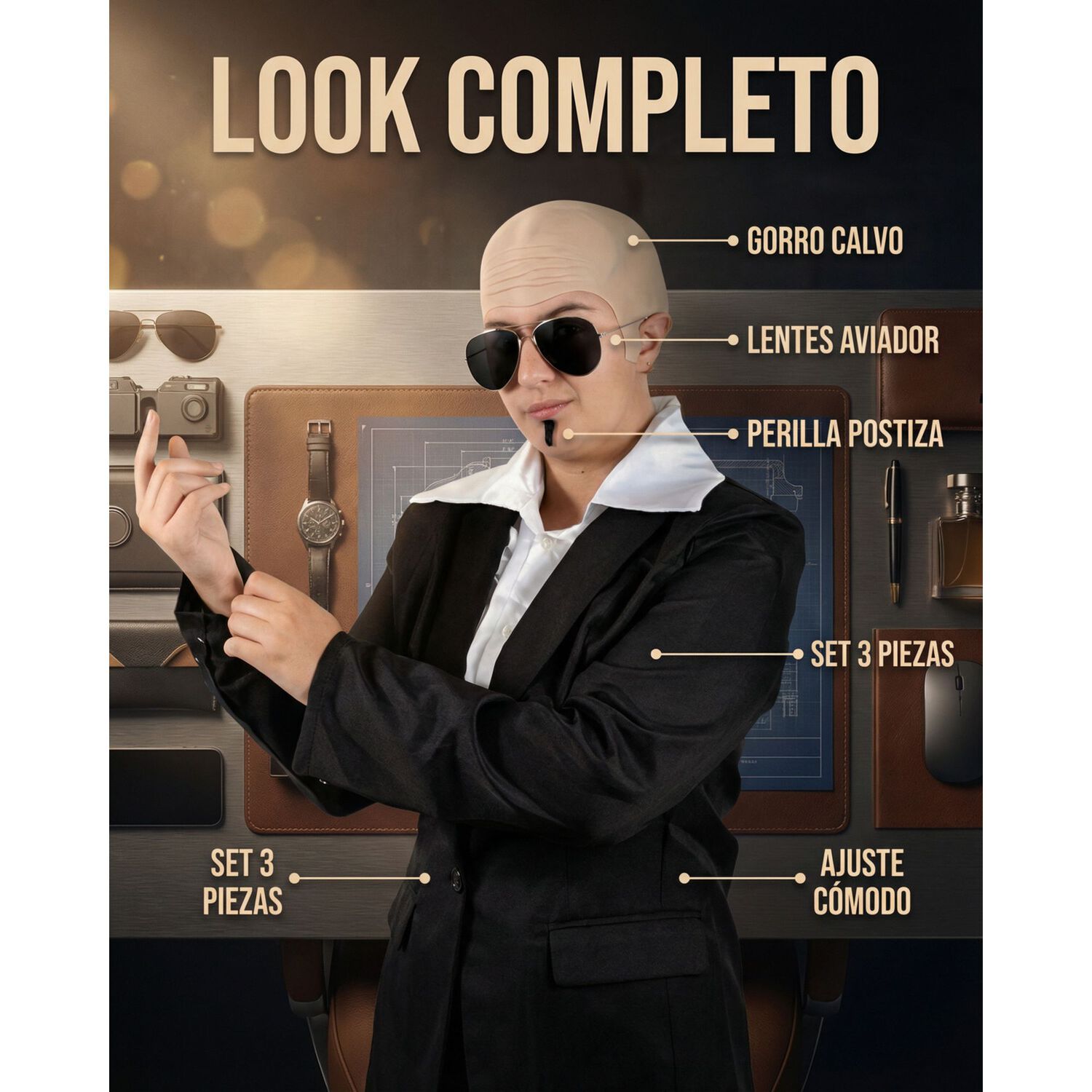 Kit Disfraz Calvo Con Lentes Aviador Y Barba Postiza Cosplay image number 7.0