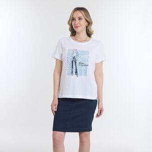Polera Lisa Con Estampado Frontal Manga Corta Cuello Redondo Mujer Geeps