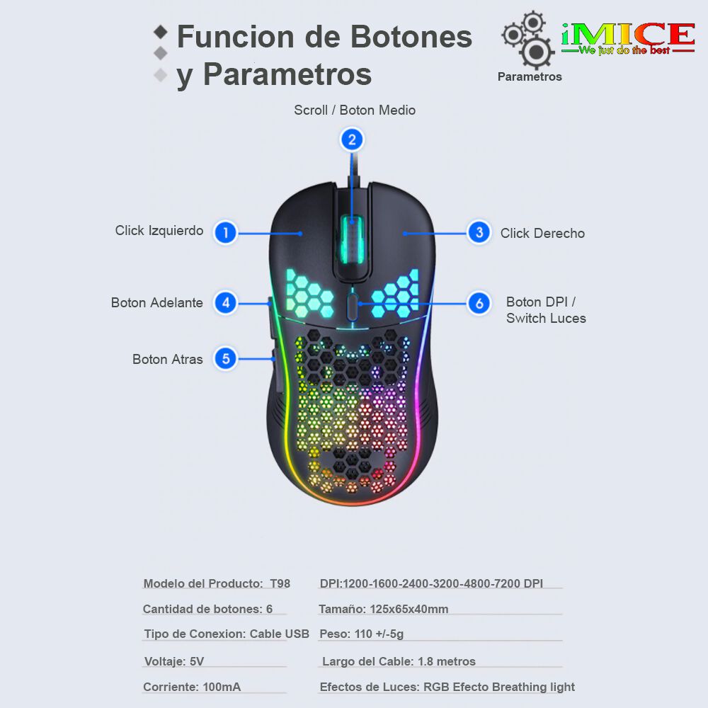 Mouse Gamer Premium Imice T98 Rgb 7200 Dpi Honeycomb Usb image number 6.0