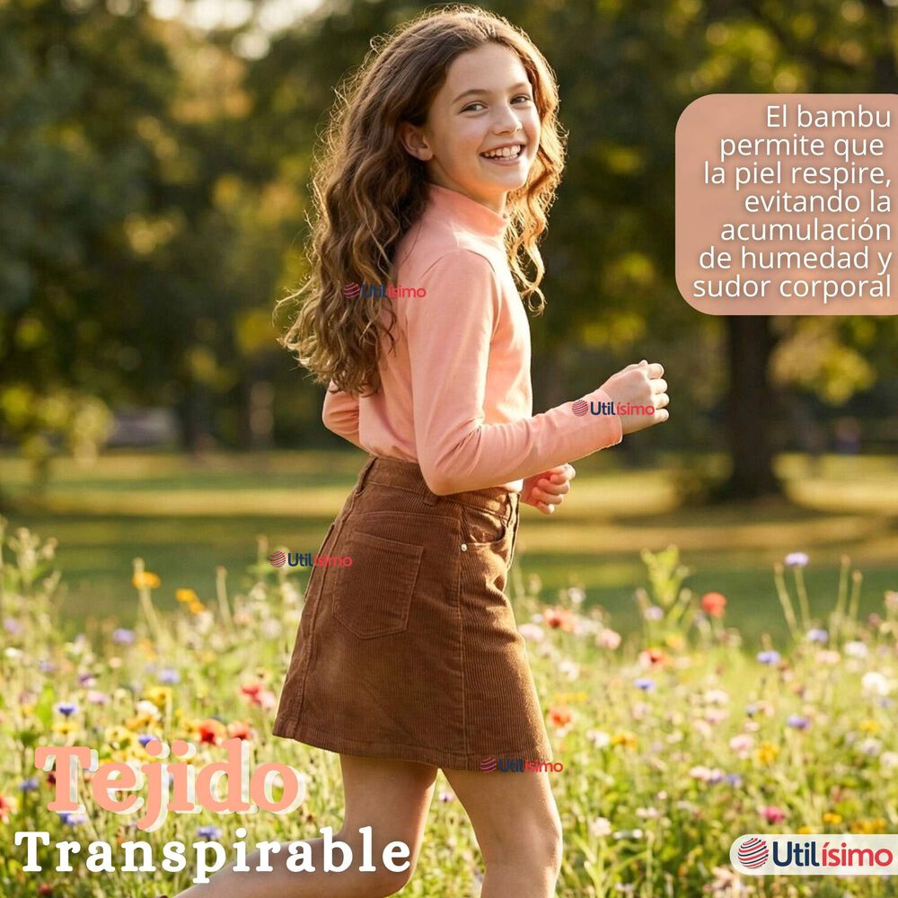 Polera Camiseta Bamb&uacute; Salm&oacute;n Cuello Beatle Primera Capa Manga Larga Ni&ntilde;a image number 6.0