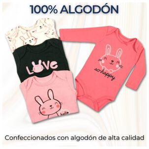 Pack 4 Bodys Ni&ntilde;a Manga Larga Tedmimak 100% Algod&oacute;n Tiny Bunny Pink