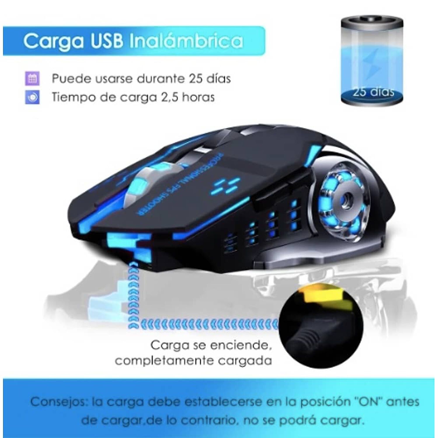 Mouse Gamer Inal&aacute;mbrico Silencioso Y Recargable Con Luz Led image number 1.0
