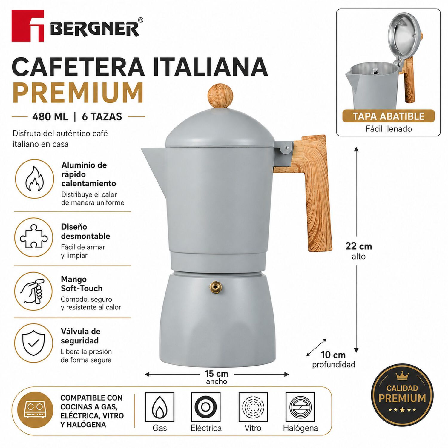 Cafetera Italiana Bergner Premium Desmontable 480ml image number 5.0