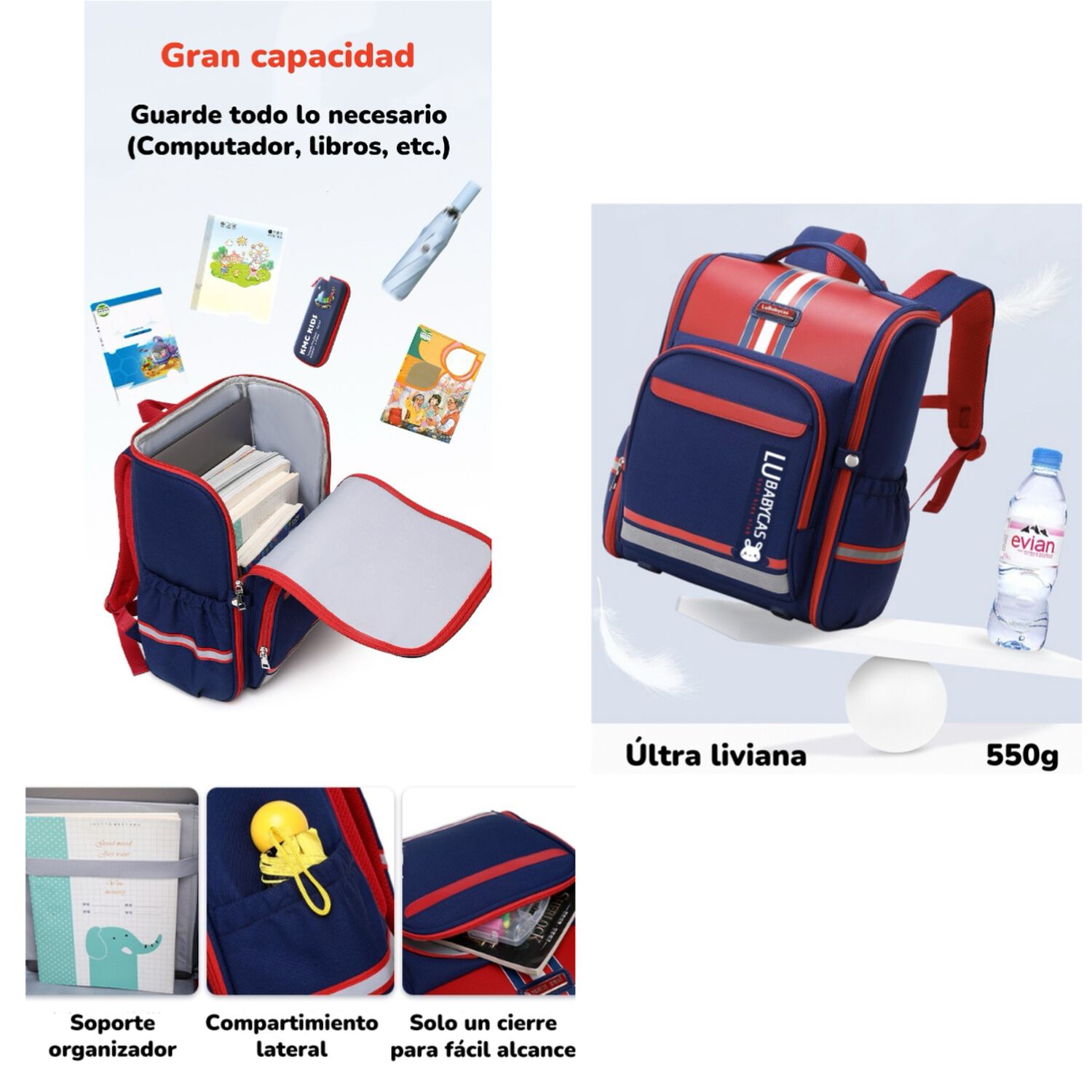 Mochila Escolar Infantil Impermeable 5s Roja Lubabycas image number 5.0