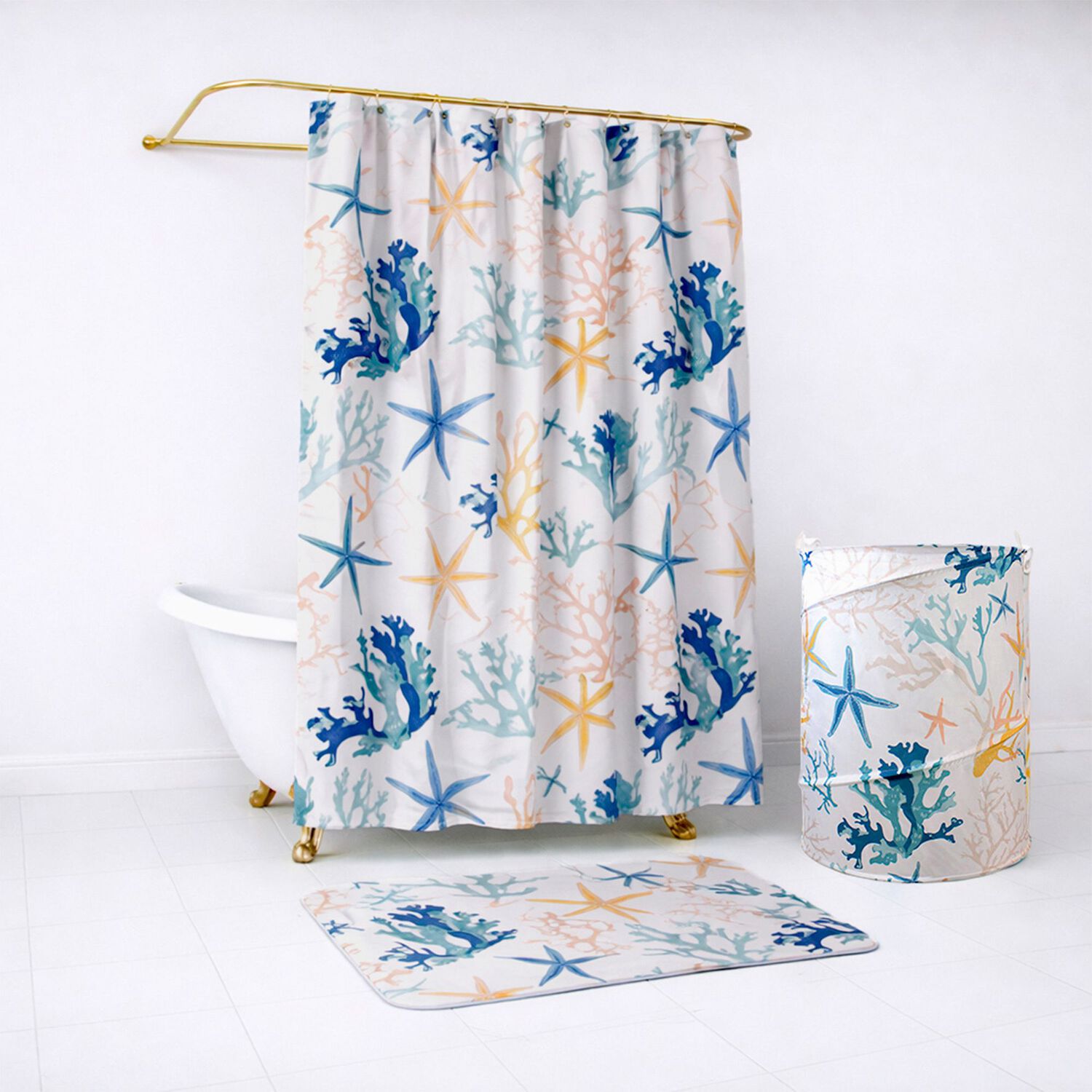 Set Para Ba&ntilde;o Nautica Home Cortina+alfombra+cesta Dise&ntilde;o Corales De Mar image number 0.0