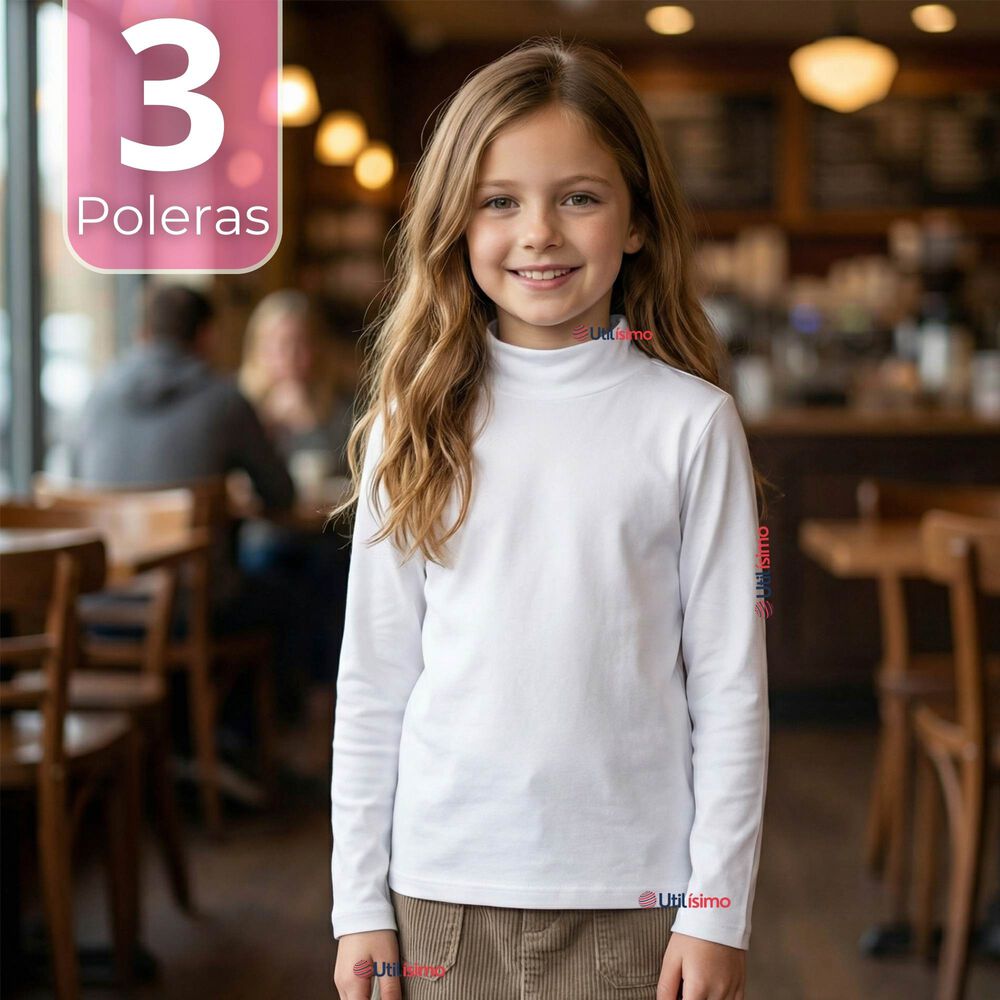 Pack 3 Poleras Camisetas Bamb&uacute; Blancas Cuello Beatle Primera Capa Manga Larga Ni&ntilde;a image number 0.0