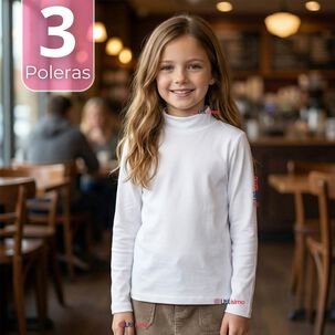 Pack 3 Poleras Camisetas Bamb&uacute; Blancas Cuello Beatle Primera Capa Manga Larga Ni&ntilde;a