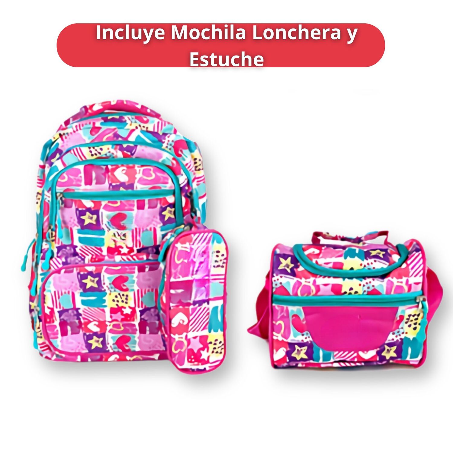 Pack Mochila Lonchera Estuche 45cm Juvenil Escolar Stars In Pink image number 2.0