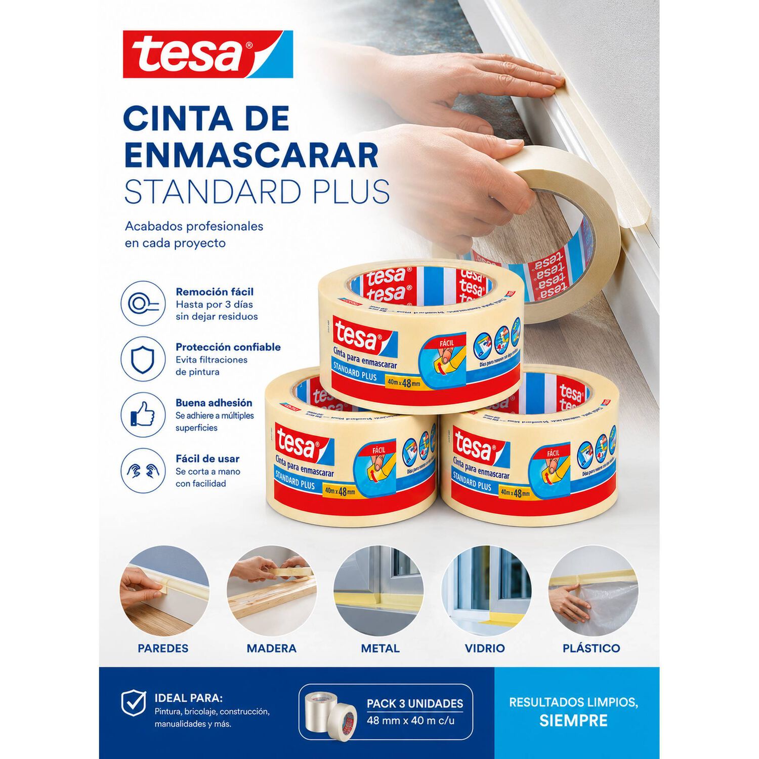 3 Cintas De Enmascarar Masking Tape Tesa 40 Mts X 48 Mm image number 5.0