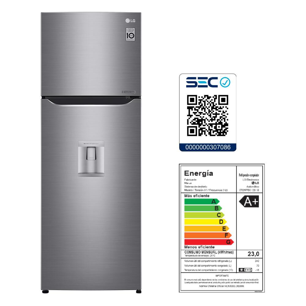Refrigerador Top Freezer LG GT32WPPDC / No Frost / 312 Litros / A+ image number 4.0