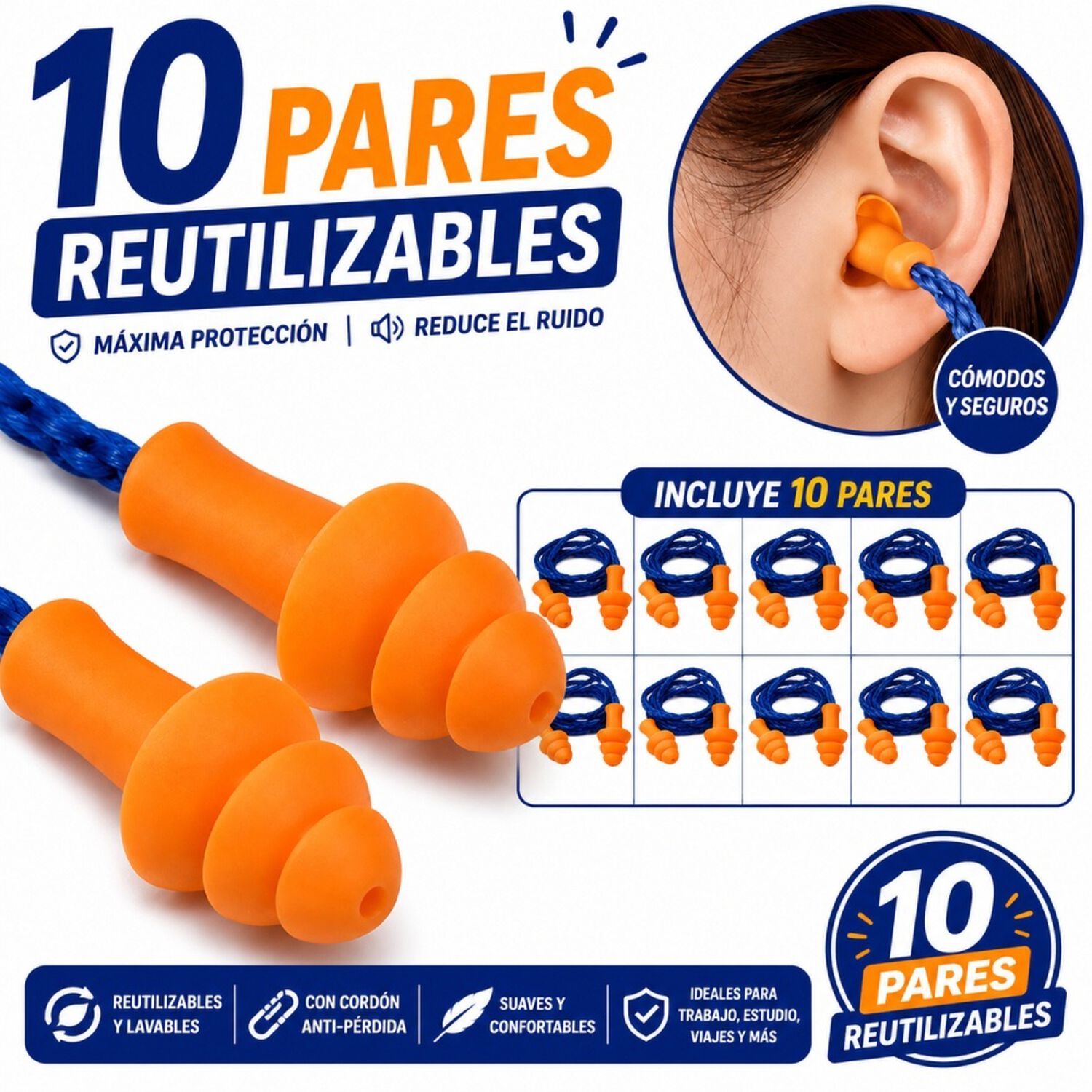 Tapon Auditivo Daumer Reutilizable (10 Pares) Con Cordon image number 3.0