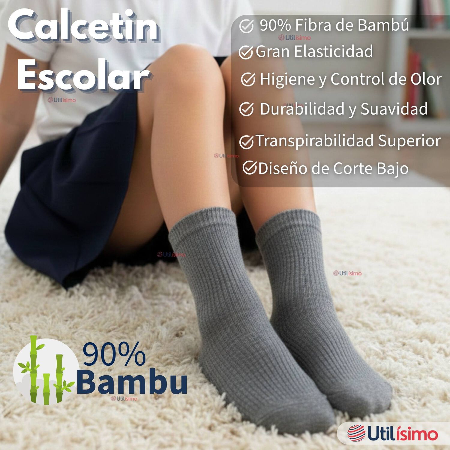 Pack 6 Calcet&iacute;nes Escolares Corto Bamb&uacute; Gris Ni&ntilde;o Y Nina image number 2.0