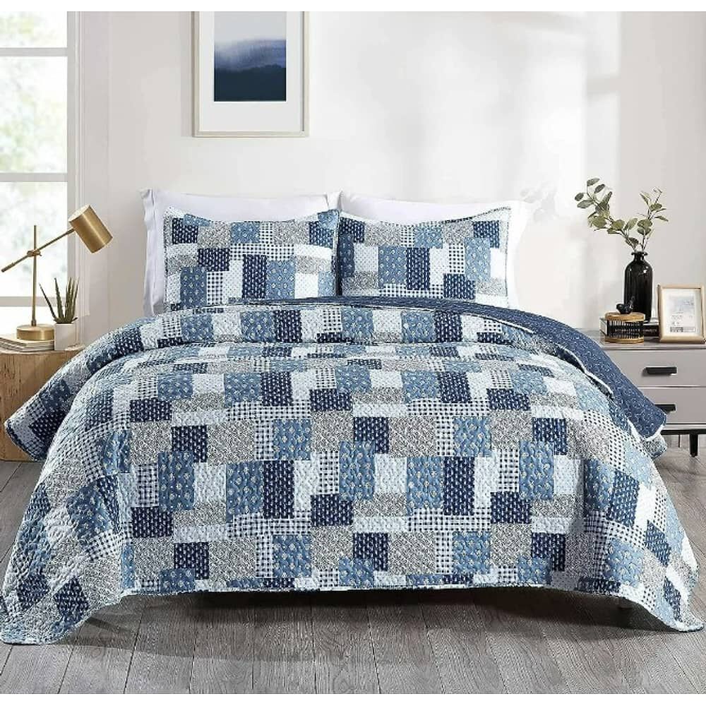 Cubrecama Quilt Reversible 264x228cm King + 2 Funda Almohada Azul Blanco image number 2.0