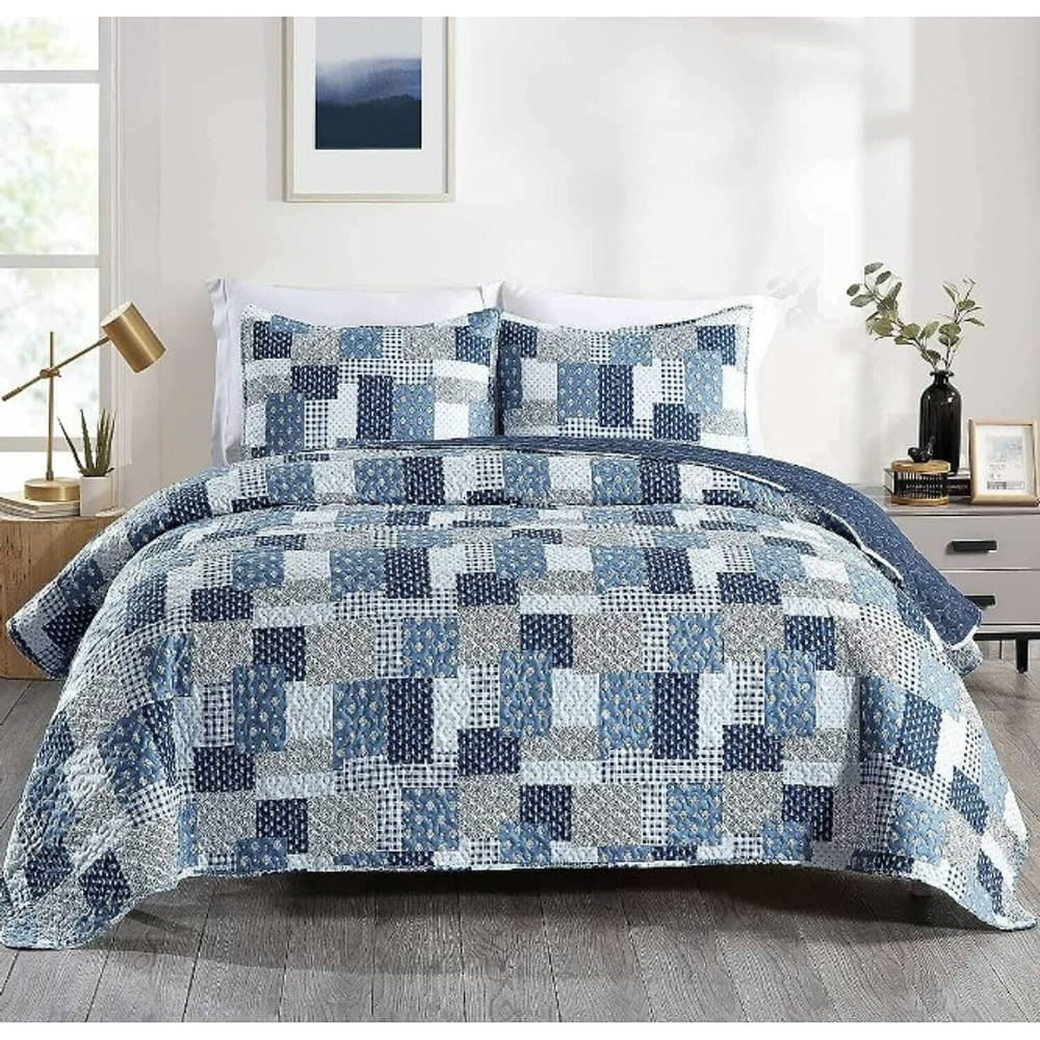 Cubrecama Quilt Reversible 264x228cm King + 2 Funda Almohada Azul Blanco image number 2.0