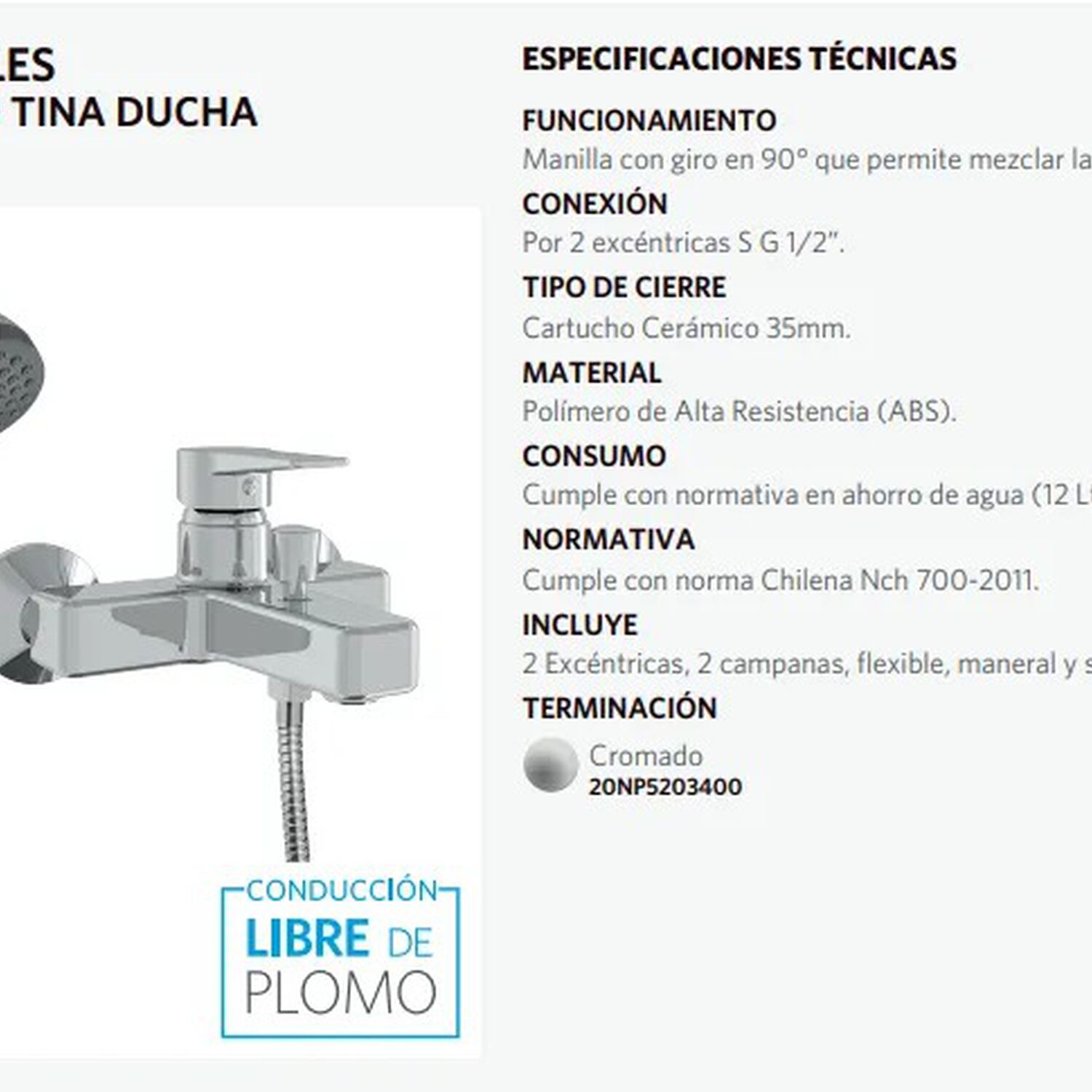 Monomando Tina Ducha Linea Napoles Stretto Color Cromo image number 6.0