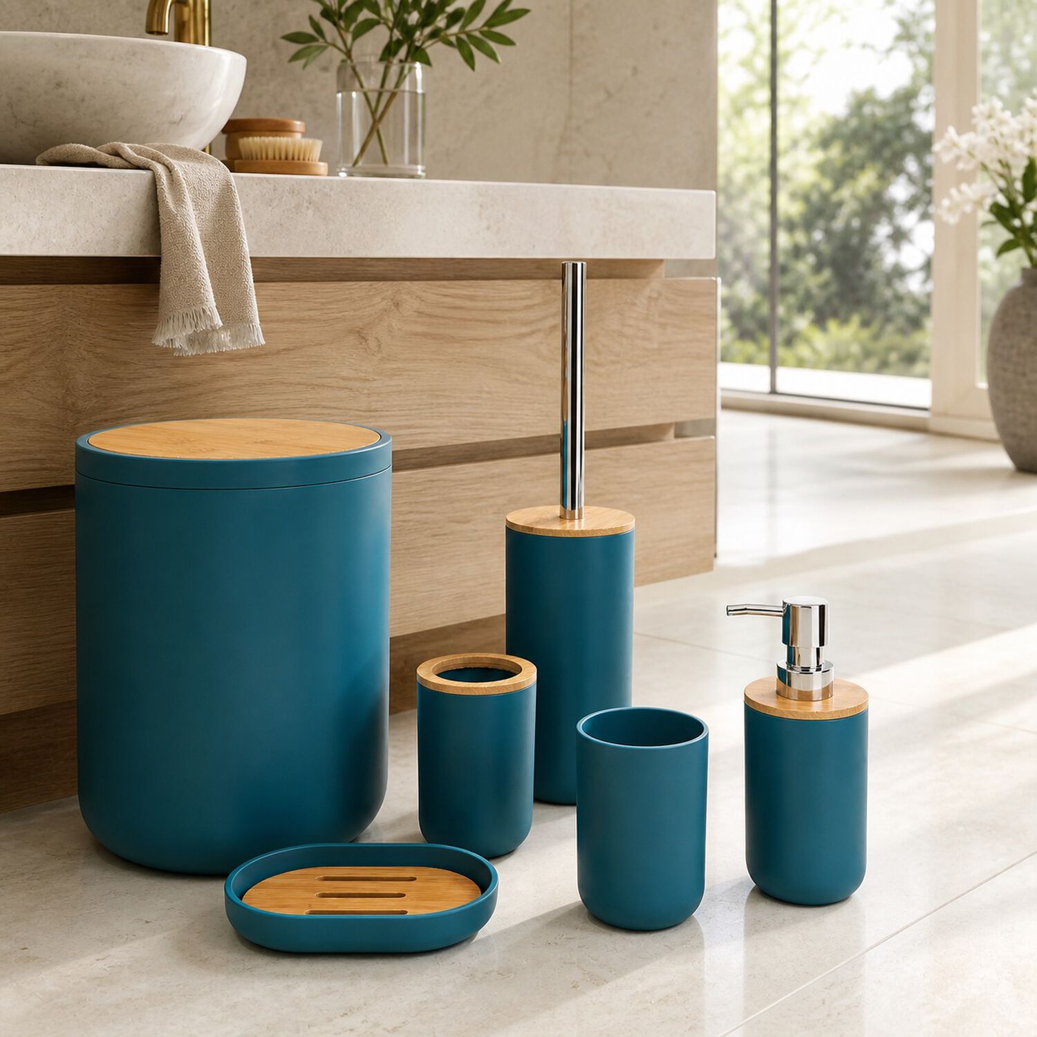 Set De Ba&ntilde;o Completo 6 Piezas De Abs Y Bambu Moderno Color Turquesa image number 1.0