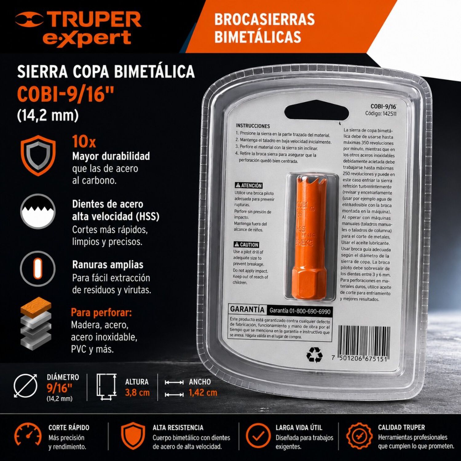 Sierra Copa Bimetalica Truper Expert, Cobi-9/16 14,2mm image number 5.0