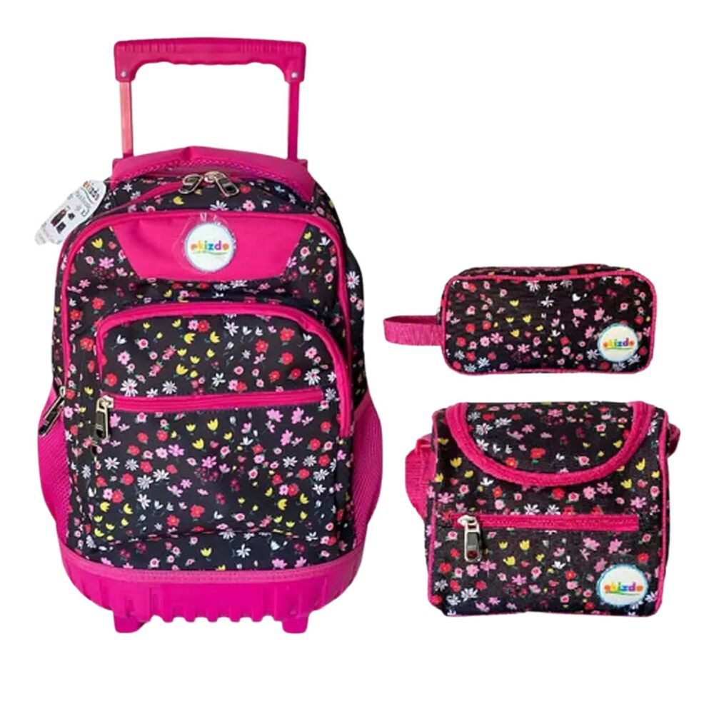 Pack 3 Piezas Mochila Escolar Ruedas Estuche Lonchera Flores image number 0.0