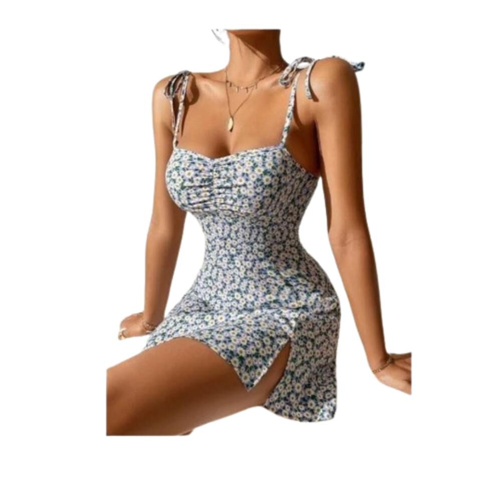 Vestido Tirante Floral Fruncido Cordón Bajo Abertura Juvenil image number 2.0