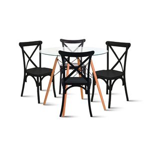 Comedor Mesa Eames Vidrio 80cm + 4 Sillas Crossback Negras