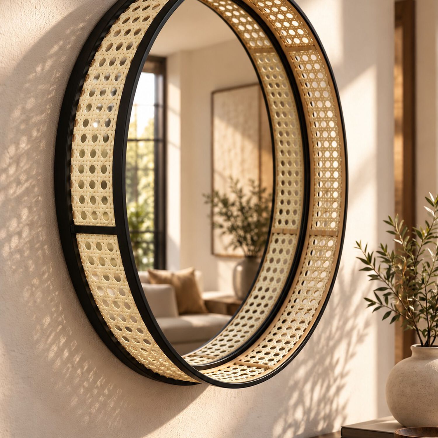 Espejo Circular De Pared Decorativo Rat&aacute;n Sint&eacute;tico Y Marco Metal Negro 45 Cm image number 0.0