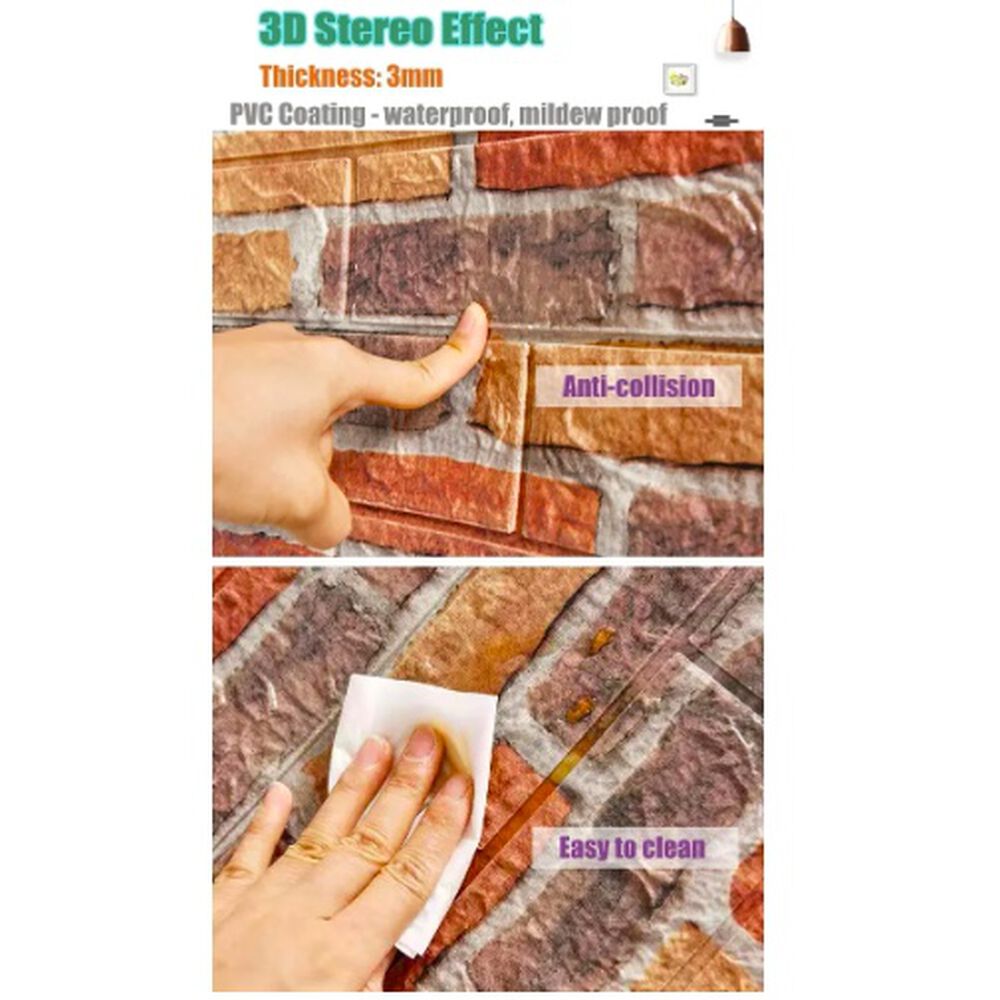 Pack 10 Lamina Papel Mural Autoadhesivo 3d Ladrillo Hojas image number 2.0