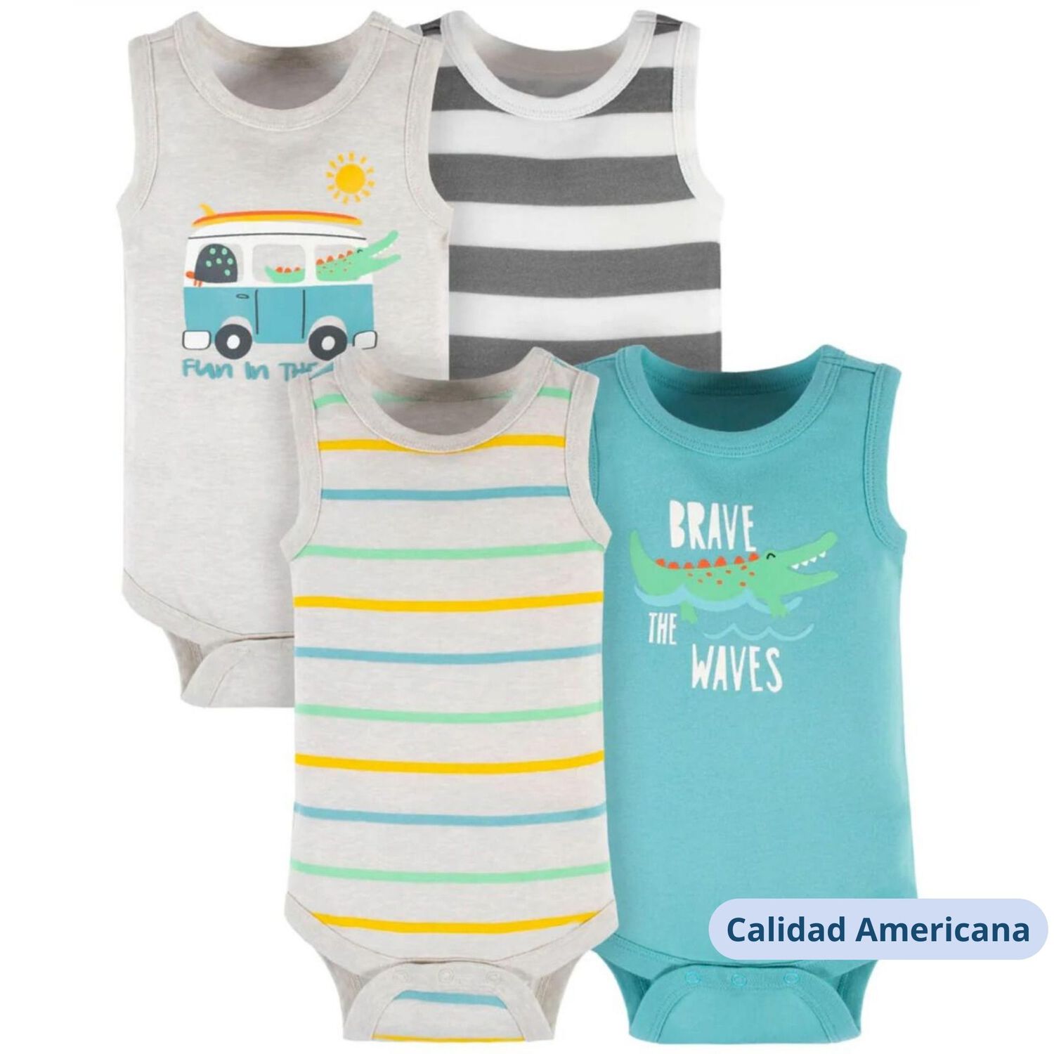 Pack 4 Bodys Ni&ntilde;o Sin Manga Corta Tedmimak 100% Algod&oacute;n Cocodrilo Animado image number 3.0