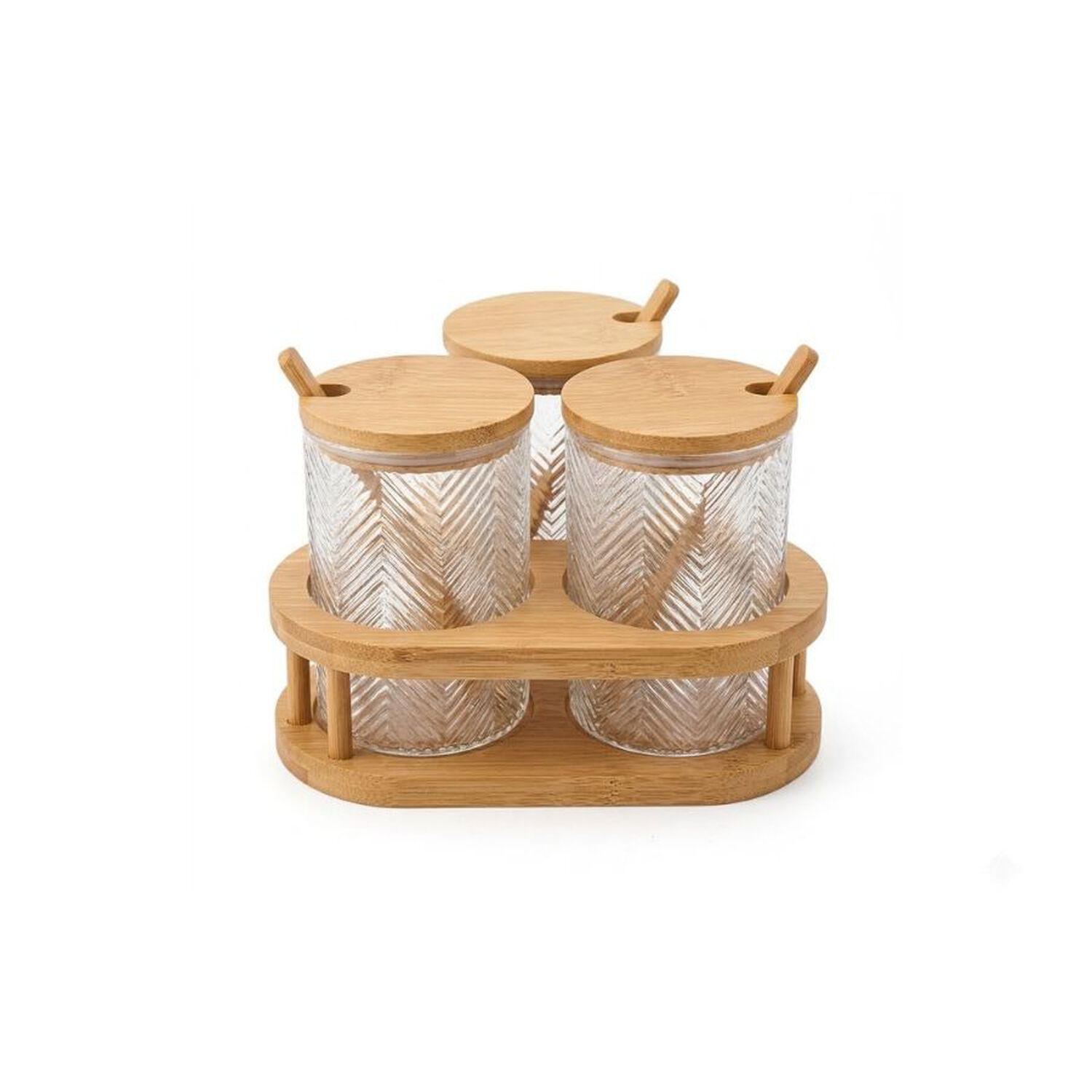 Set 3 Frascos Condimentos Vidrio Tapa Bamb&uacute; Soporte Cocina image number 0.0