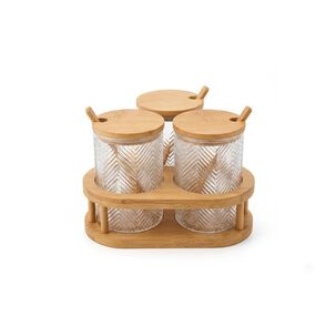 Set 3 Frascos Condimentos Vidrio Tapa Bamb&uacute; Soporte Cocina