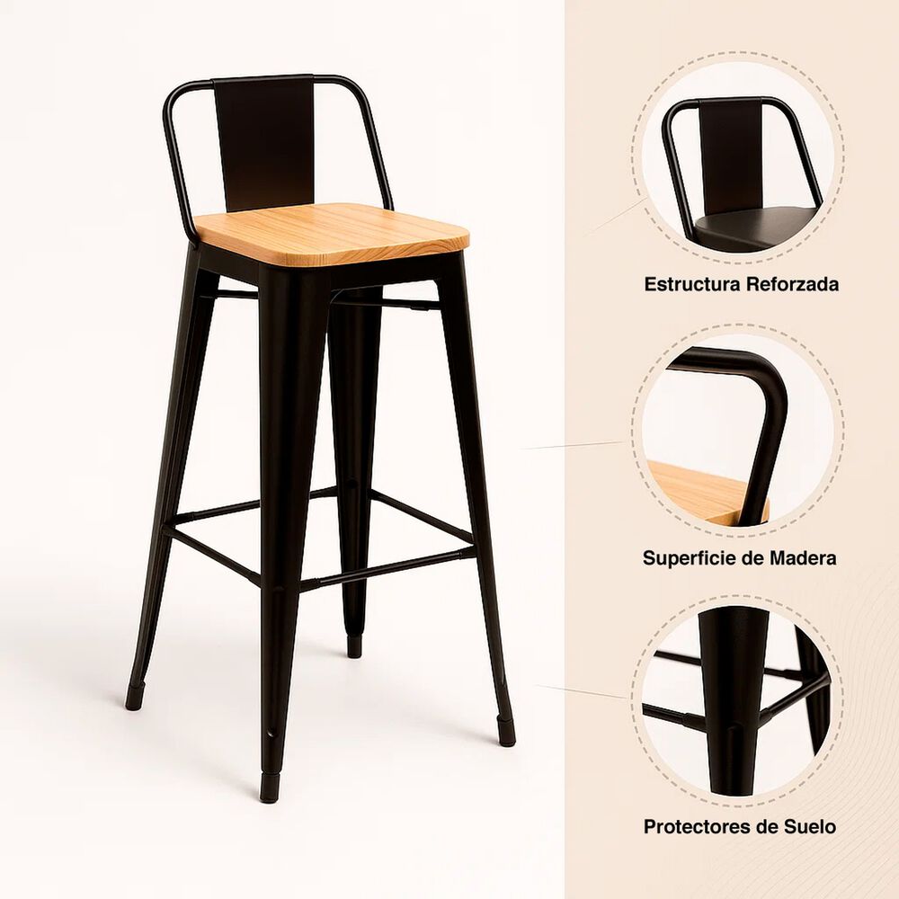 Pack De 2 Taburetes Tolix Con Asiento De Madera Clara - Negros image number 4.0