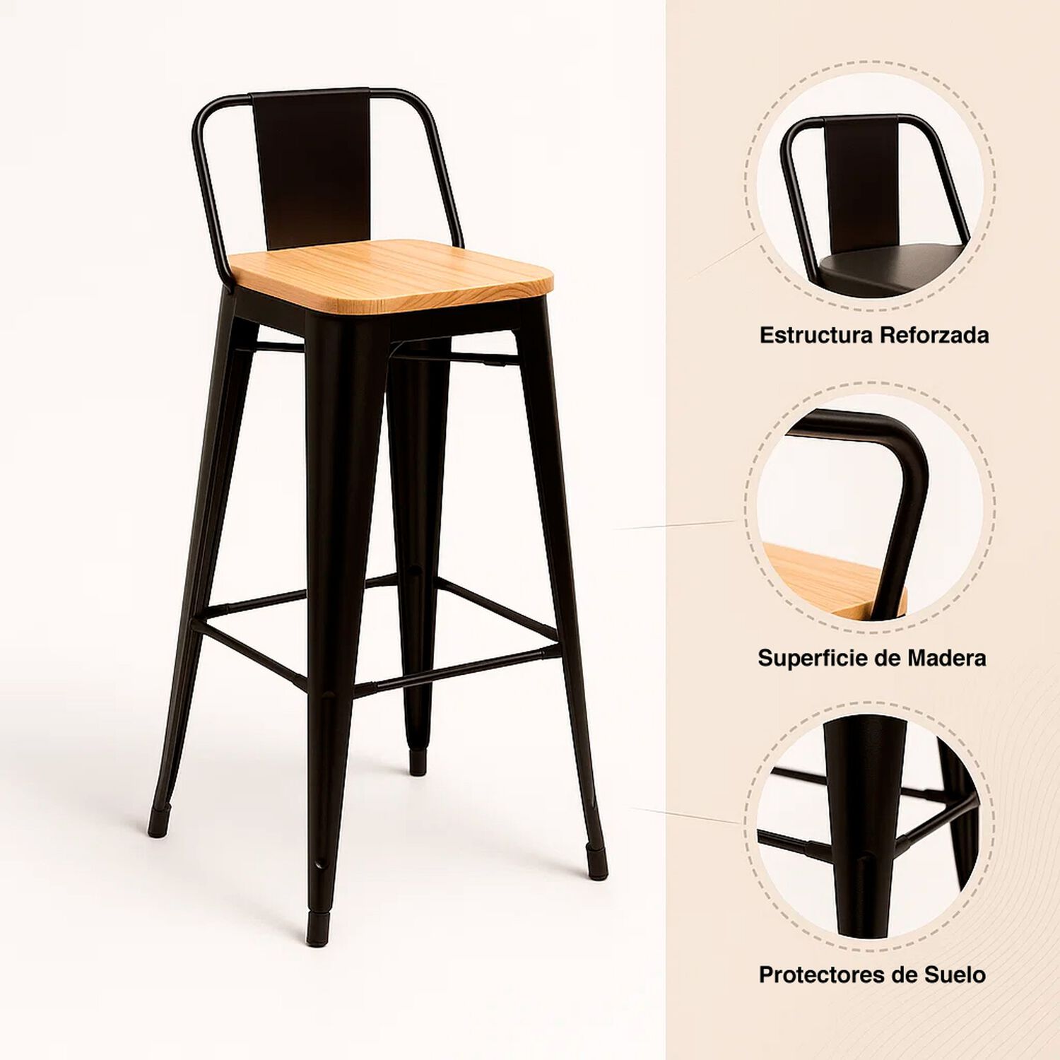 Pack De 2 Taburetes Tolix Con Asiento De Madera Clara - Negros image number 4.0
