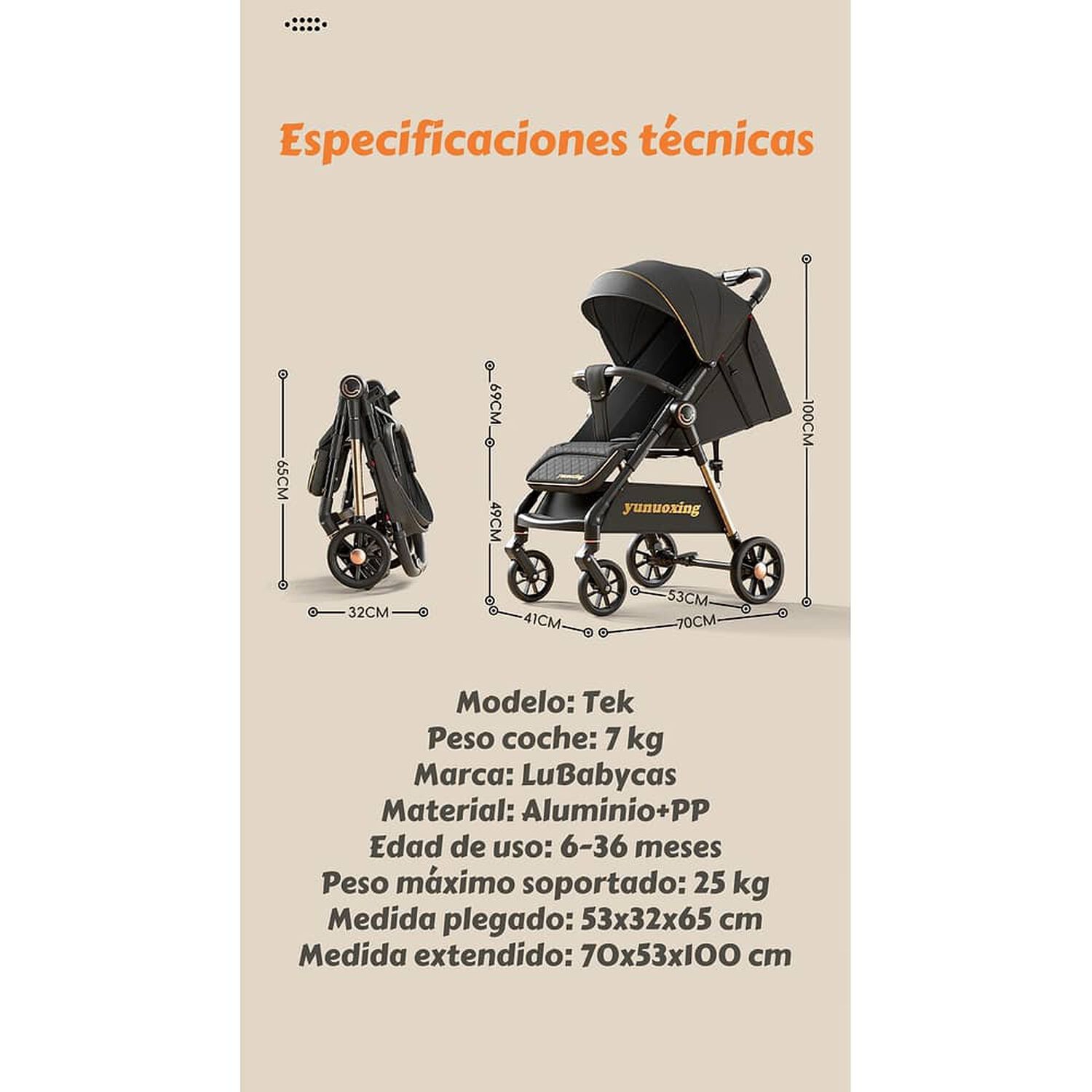 Coche De Paseo &Uacute;ltra Resistente 25kg Tek Dorado Lubabycas image number 3.0
