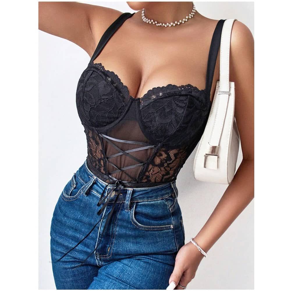 Body Para Mujer De Encaje Y Lienzos Con Horma En Sost&eacute;n - Tela Translucida image number 0.0