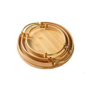 Set 3 Bandejas Redondas Bamb&uacute; Borde Dorado Decorativo