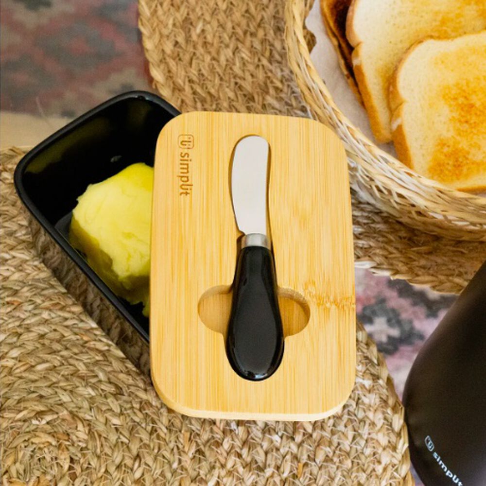 Mantequillero Cer&aacute;mica Tapa Bamboo + Cuchillo 600 Ml Negro image number 2.0