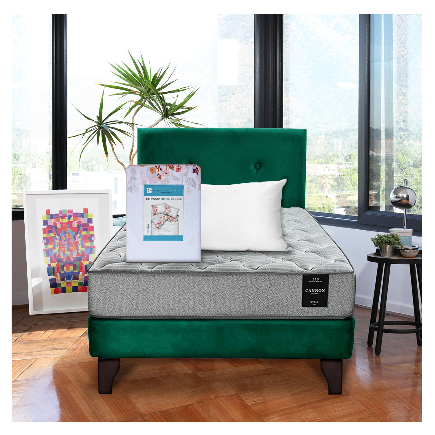 Combo Cama Cannon 1 1/2 Plaza Textil + Respaldo Tela Verde image number 0.0