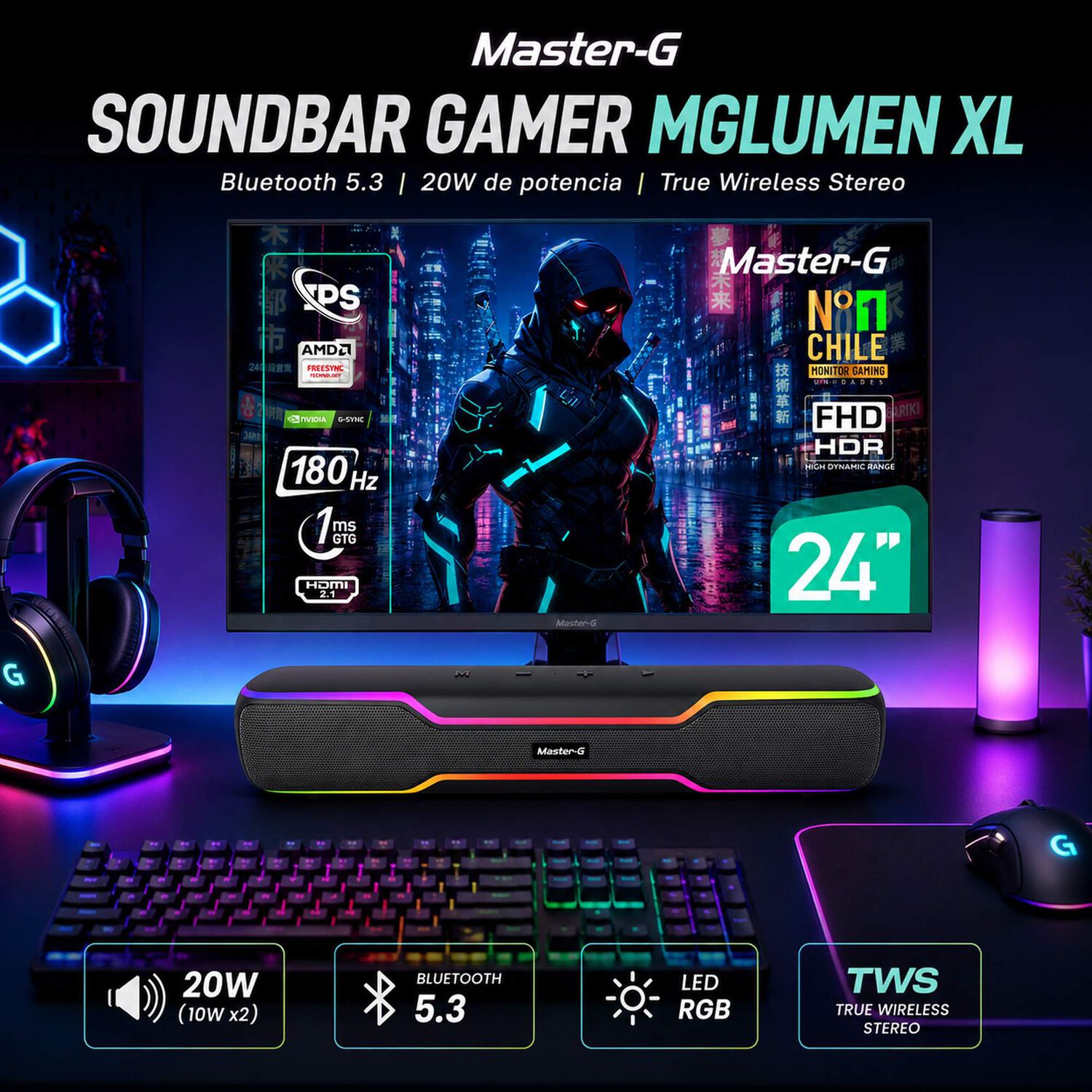 Soundbar Parlante Gamer Bluetooth Rgb 20w Mglumenxl Master-g image number 2.0