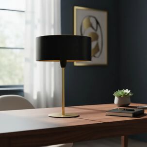 L&aacute;mpara De Mesa Decorativa Negra Y Dorada Con Detalle Tipo Ratan