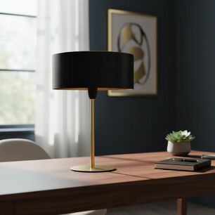 L&aacute;mpara De Mesa Decorativa Negra Y Dorada Con Detalle Tipo Ratan