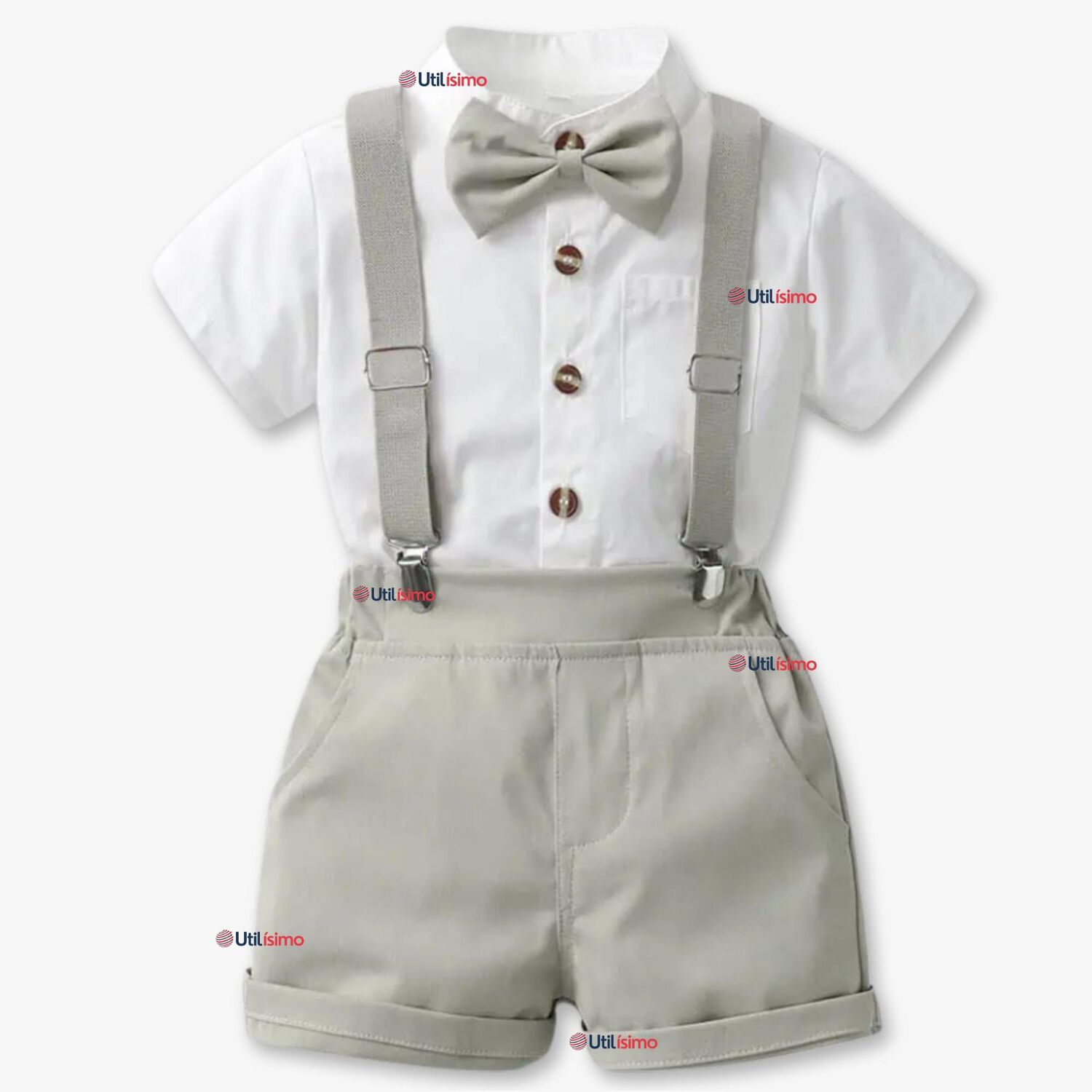 Conjunto De Vestir Con Tirantes Camisa Pantal&oacute;n Corto Algod&oacute;n Beb&eacute; Gris image number 0.0