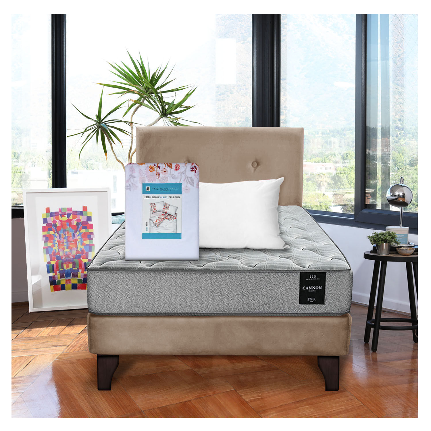 Combo Cama Cannon 1 1/2 Plaza Textil + Respaldo Tela Beige image number 0.0