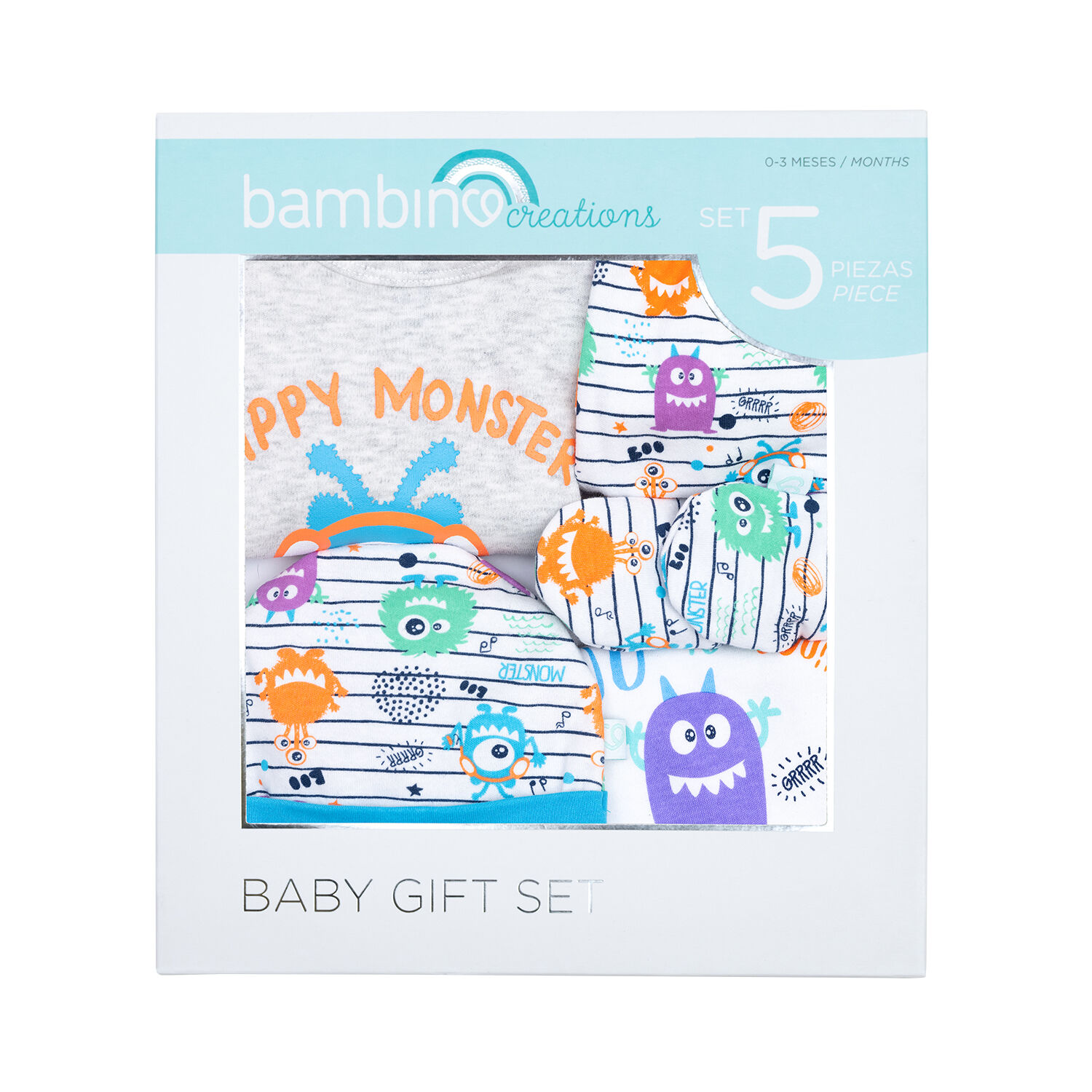 Set 5 Piezas Baby Gift Bambino Creations Monstruos Blanco image number 1.0