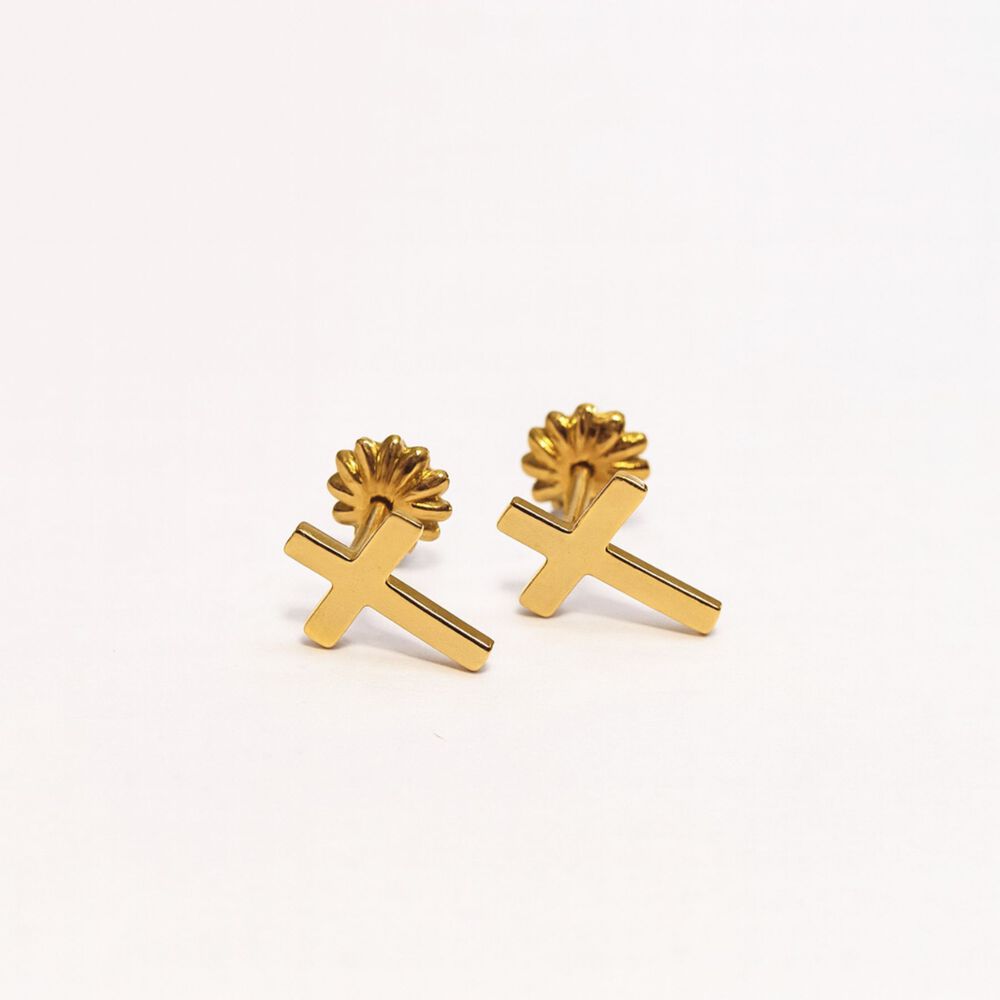 Aros Cruz Oro 18k Nacional 10x5mm Atornillado 1gr Unisex Hipoalerg&eacute;nicos image number 2.0