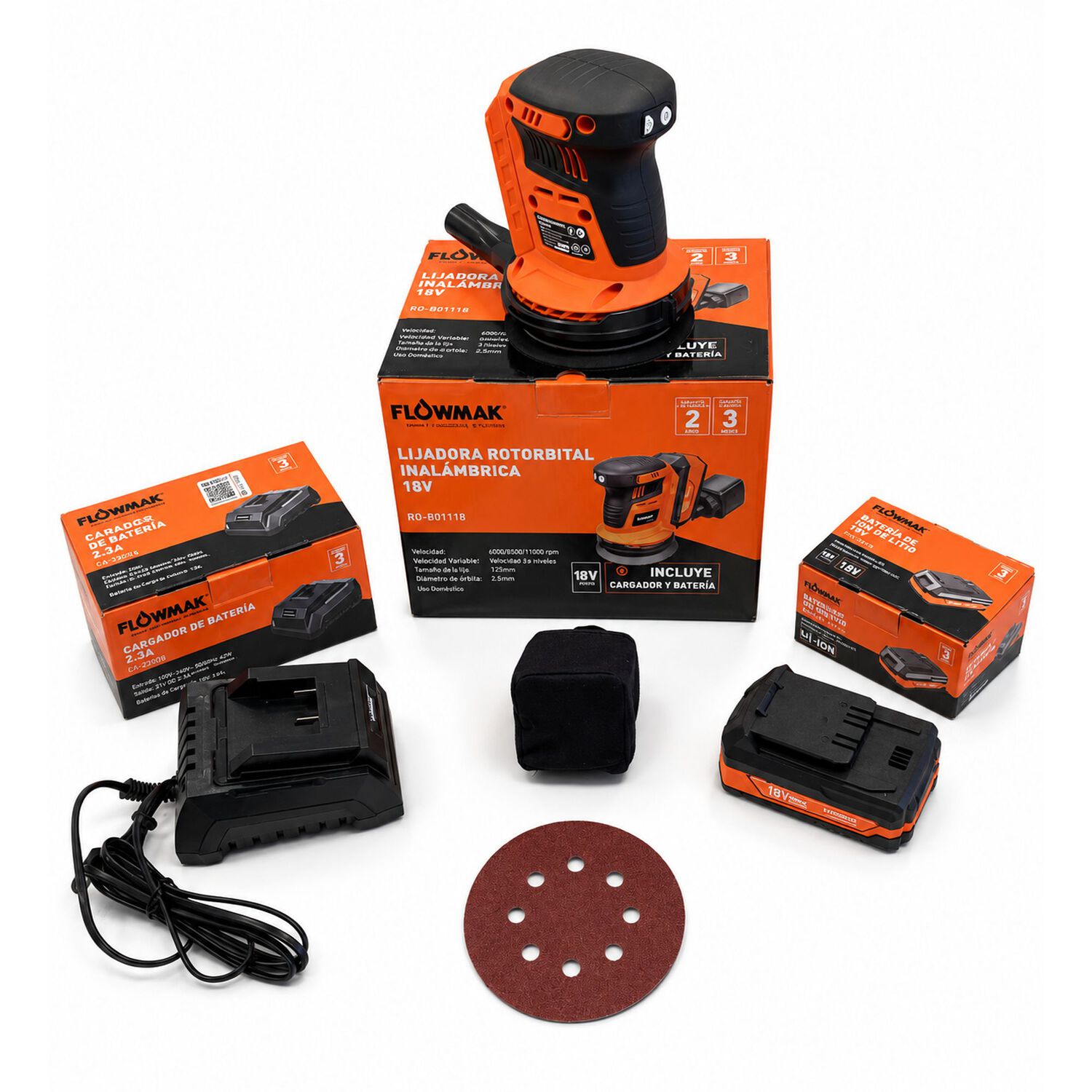 Lijadora Rotorbital Inal. 18v Con Bateria 2ah Y Cargador Flowmak image number 1.0