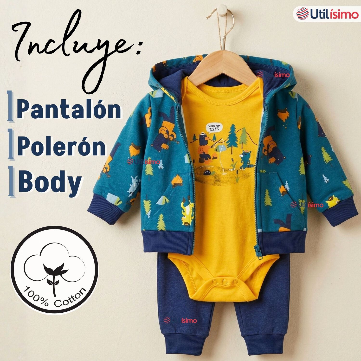 Conjunto 3 Piezas Buzo Pantal&oacute;n Poler&oacute;n Body De Algod&oacute;n Amarillo Osos Beb&eacute; Ni&ntilde;o image number 1.0