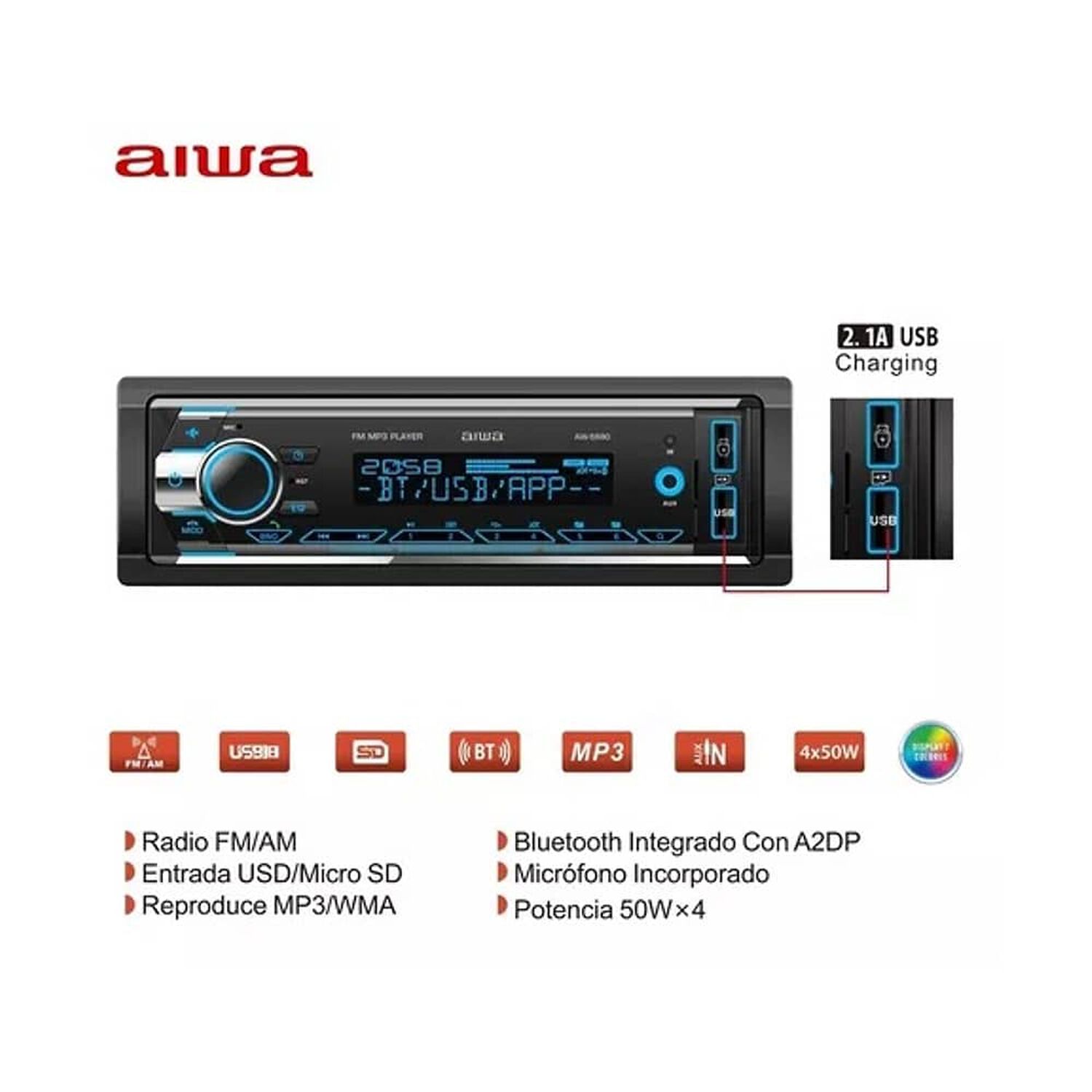 Radio Para Auto Aiwa Aw-5880 Con Usb, Bluetooth Y Lector De Tarjeta Sd image number 2.0