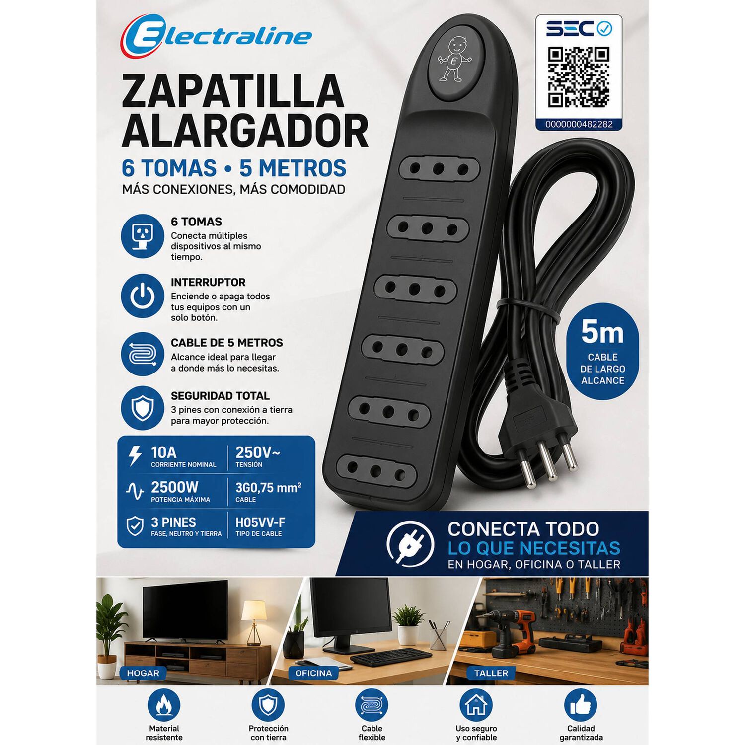 Zapatilla Alargador Electraline 6 Tomas Switch 5 Metros image number 7.0