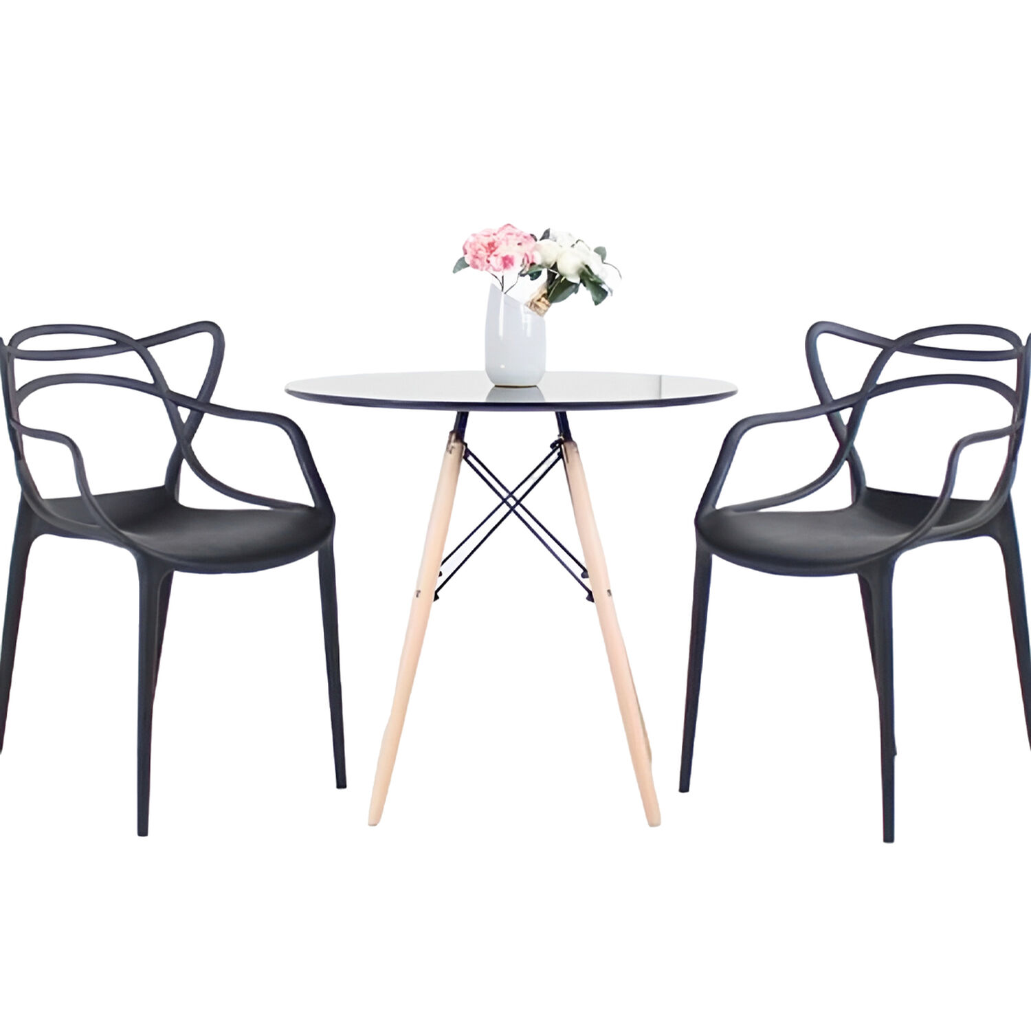 Comedor Terraza - 2 Sillas Master Negras Y Mesa Eames De Vidrio 80cm image number 0.0